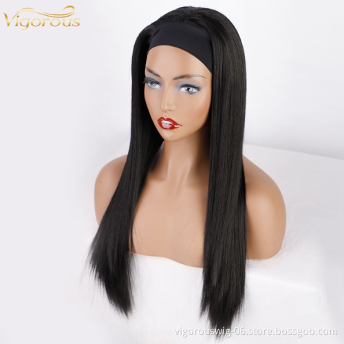 Private Label Hot Sale Cheap Bone Straight Synthetic Hair Wigs Black Color Headband Wigs For Black Women Synthetic Hair